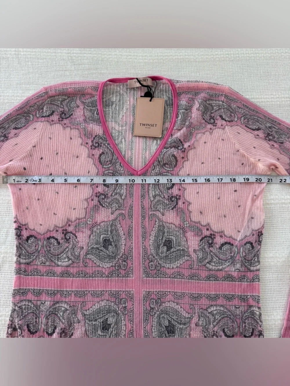 Twinset Milano XL Pink Paisley Ribbed Knit Stretch Top NWT Italy - Picture 8 of 16